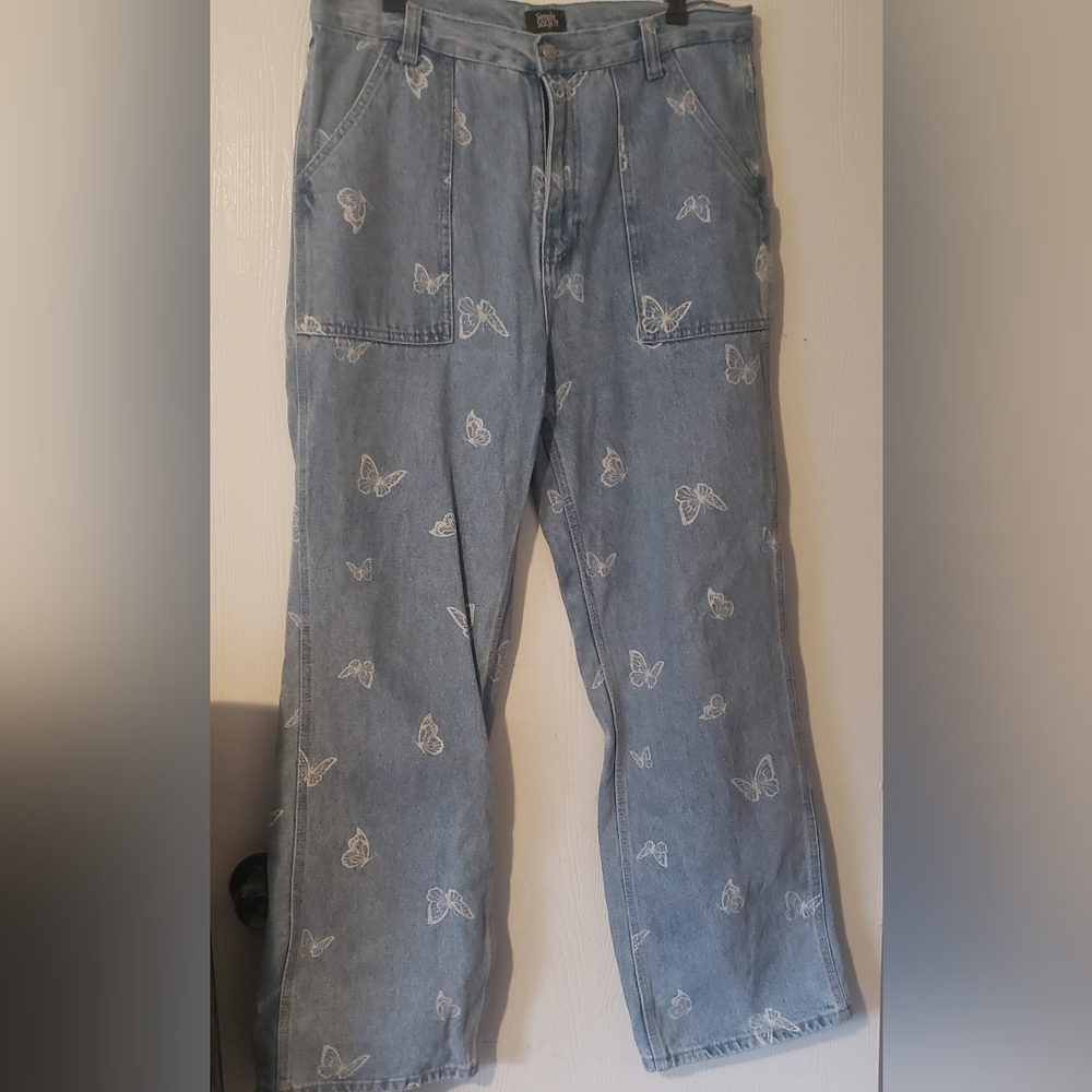 Simple Society Juniors Size 13 Butterfly Printed Baggy Wide Leg  Blue Jeans
